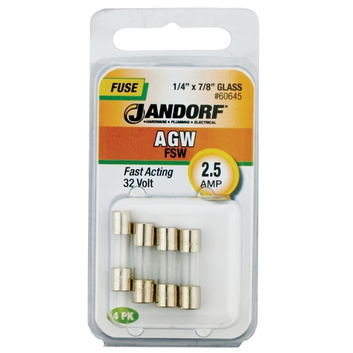 Jandorf 60645 Fast Acting Fuse, 2.5 A, 32 V, 10 kA Interrupt, Glass Body