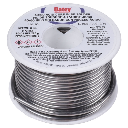 Oatey 50193 Acid Core Wire Solder, 1/2 lb, Solid, Silver, 360 to 460 deg F Melting Point