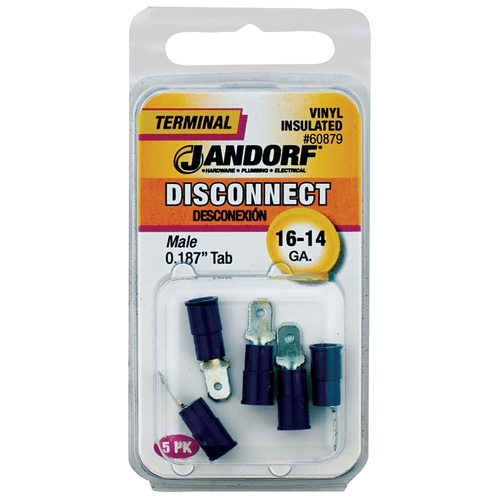 Disconnect Terminal, 16 to 14 AWG Wire, Vinyl Insulation, Copper Contact, Blue - pack of 5