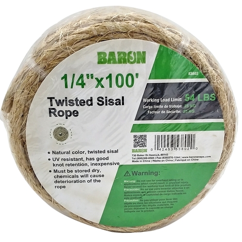 Utility Rope, 1/4 in Dia, 100 ft L, 54 lb Working Load, Sisal