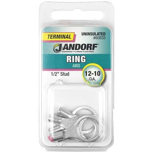 Ring Terminal, 12 to 10 AWG Wire, 1/2 in Stud, Copper Contact - pack of 5