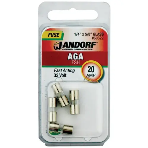 Fast Acting Fuse, 20 A, 32 V, 1 kA Interrupt, Glass Body