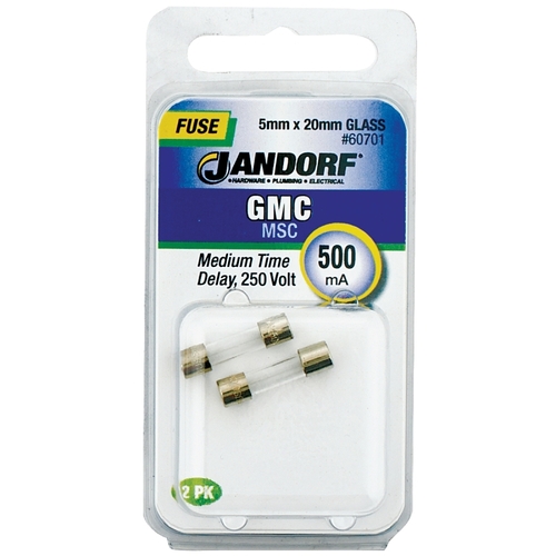 Jandorf 60701 Time Delay Fuse, 500 mA, 250 V, 35 A, 1 kA Interrupt, Glass Body