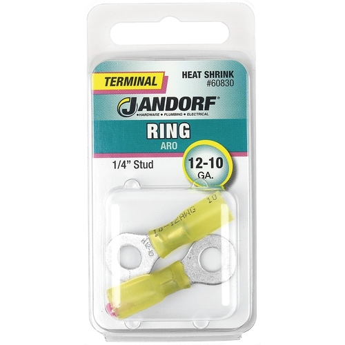 Ring Terminal, 12 to 10 AWG Wire, 1/4 in Stud, Copper Contact, Yellow - pack of 2