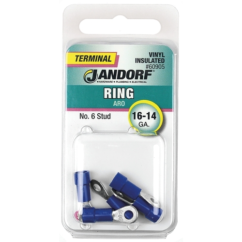 Ring Terminal, 16 to 14 AWG Wire, #6 Stud, Vinyl Insulation, Copper Contact, Blue