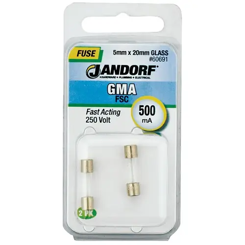 Fast Acting Fuse, 500 mA, 250 V, 35 A, 10 kA Interrupt, Glass Body