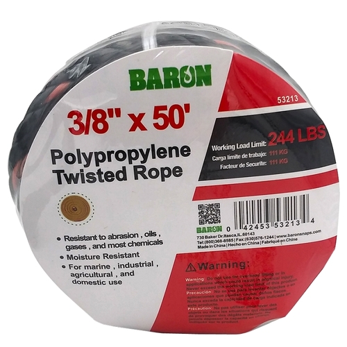 Truck Rope, 3/8 in Dia, 50 ft L, 244 lb Working Load, Polypropylene, Black/Orange