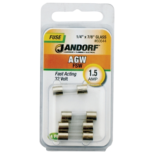 Jandorf 60644 Fast Acting Fuse, 1.5 A, 32 V, 10 kA Interrupt, Glass Body