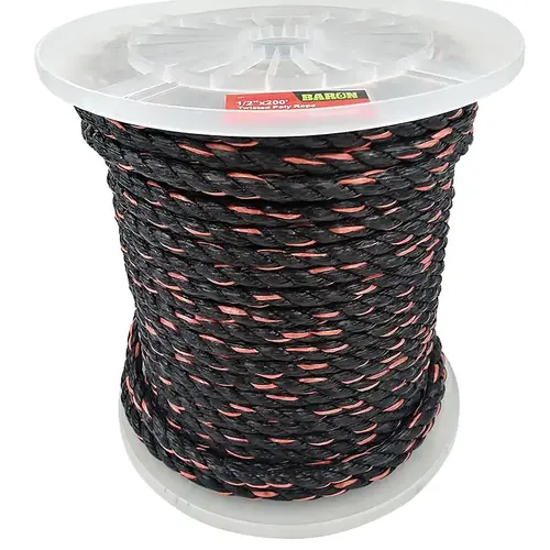 Rope, 1/2 in Dia, 200 ft L, 420 lb Working Load, Polypropylene, Black/Orange