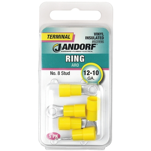 Ring Terminal, 12 to 10 AWG Wire, #8 Stud, Vinyl Insulation, Copper Contact, Yellow