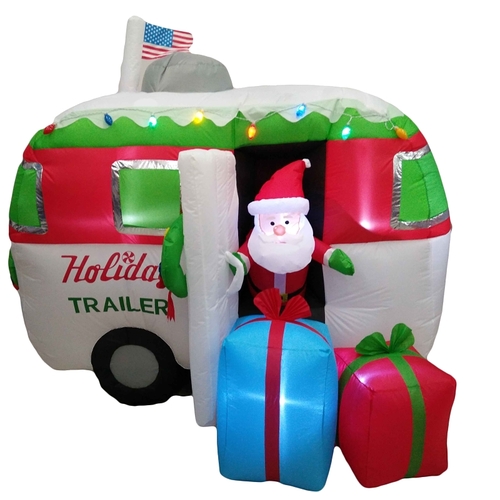 Hometown Holidays 90513 Inflatable Santa Trailer, 63 in H, Blue/Green/Red/White, LED Bulb
