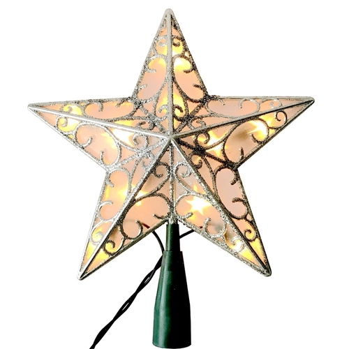 Christmas Ornament, 10 in H, Star, Tree Topper, Mini Light Bulb, Plastic Green Wire, Silver