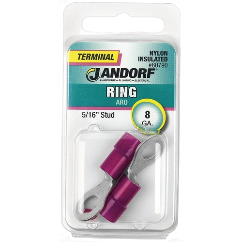 Jandorf 60790 Ring Terminal, 8 AWG Wire, 5/16 in Stud, Nylon Insulation, Copper Contact, Red