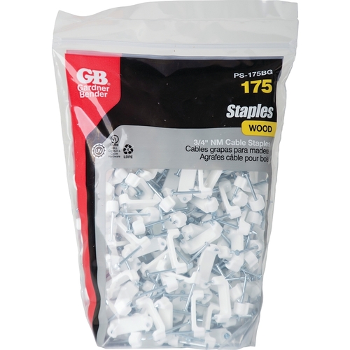 GB PS-175BG/J Cable Staple, 3/4 in W Crown, 1-1/4 in L Leg, Plastic/Polyethylene White - pack of 175