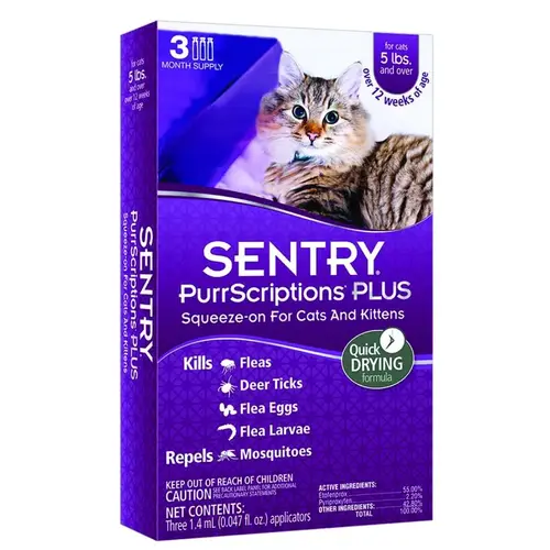 SENTRY 02111 PurrScriptions Plus Flea and Tick Squeeze-On, Liquid, Mild Acetate, 6 Count Clear