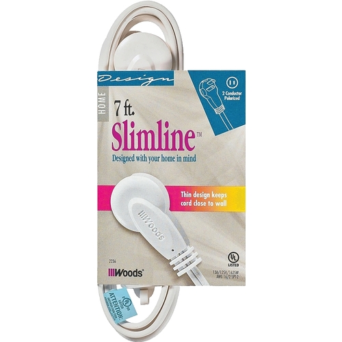 Extension Cord, 16 AWG Cable, 7 ft L, 13 A, 125 V, White