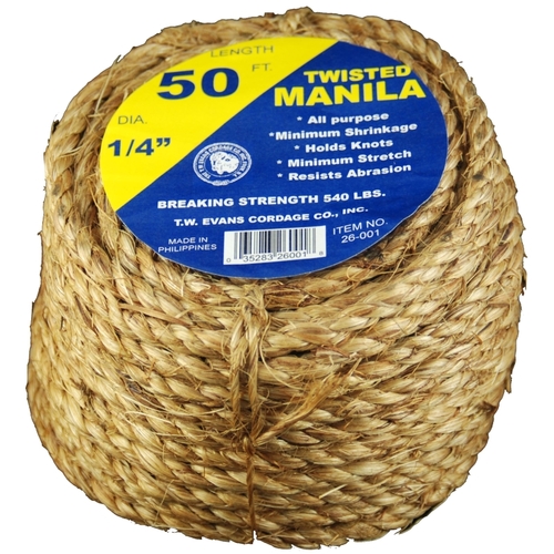 Rope, 1/4 in Dia, 50 ft L, 54 lb Working Load, Manila, Natural