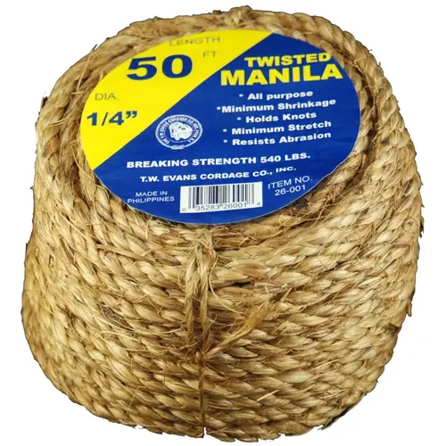 T.W. Evans Cordage 26-001 Rope, 1/4 in Dia, 50 ft L, 54 lb Working Load, Manila, Natural