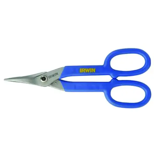 Tinner Snip, 10 in OAL, 2 in L Cut, Curved, Straight Cut, Steel Blade, Double-Dipped Handle, Yellow Handle