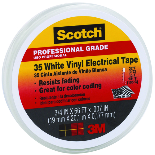 Electrical Tape, 66 ft L, 3/4 in W, PVC Backing, White