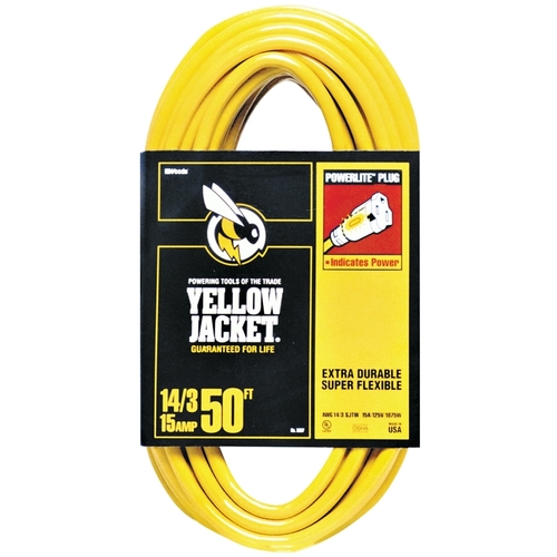 Extension Cord, 14 AWG Cable, 50 ft L, 15 A, 125 V, Yellow