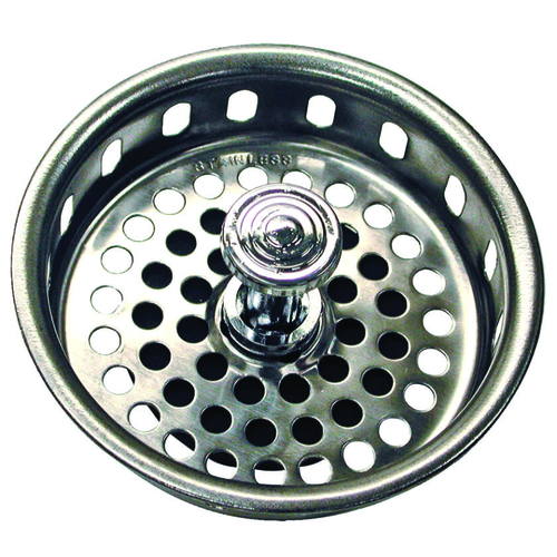 Basket Strainer with Drop Center Post, 3-3/4 in Dia, Stainless Steel, Chrome, For: 3-3/4 in Opening Sink