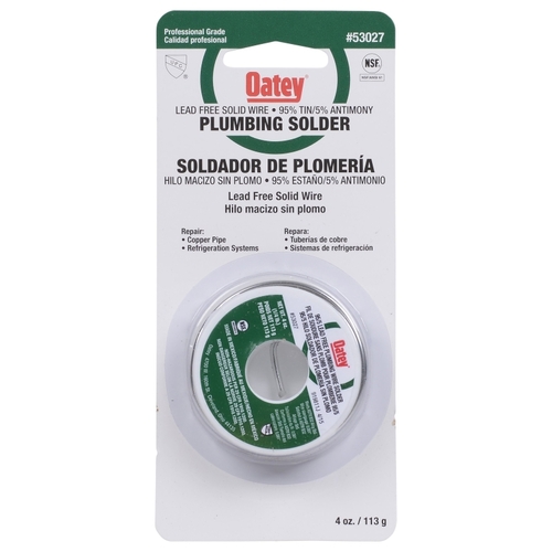 Oatey 53027 Plumbing Wire Solder, 1/4 lb Carded, Solid, Silver, 450 to 464 deg F Melting Point