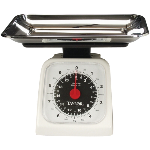 Kitchen Scale, 22 lb Capacity, Analog Display, Stainless Steel Platform, Styrene Housing Material, g, oz Silver/White