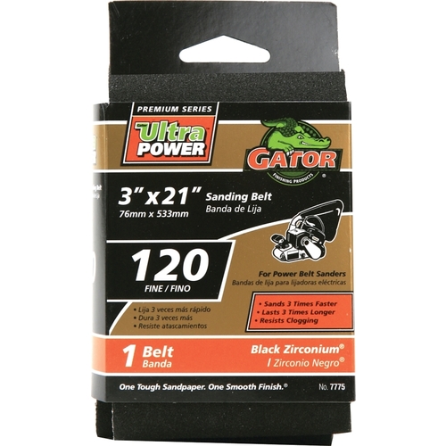 GATOR 7775 Sanding Belt, 3 in W, 21 in L, 120 Grit, Fine, Zirconium Oxide Abrasive
