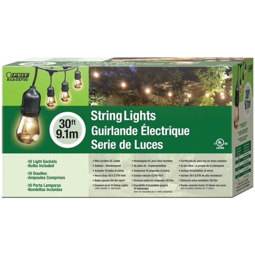 String Light Set, 130 V, 11 W, 15-Lamp, Incandescent Lamp, 30 ft L