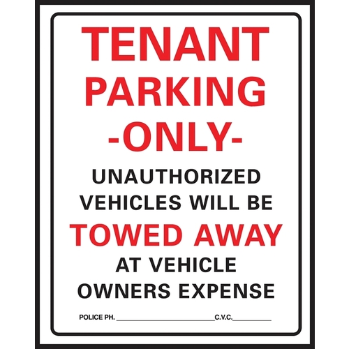 Parking Sign, Rectangular, Black/Red Legend, White Background, Plastic, 15 in W x 19 in H Dimensions