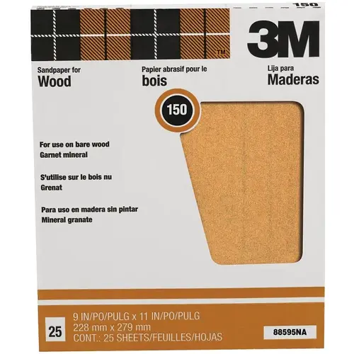 Sandpaper Sheet, 11 in L, 9 in W, Fine, 150 Grit, Garnet Abrasive, Paper Backing Red - pack of 25