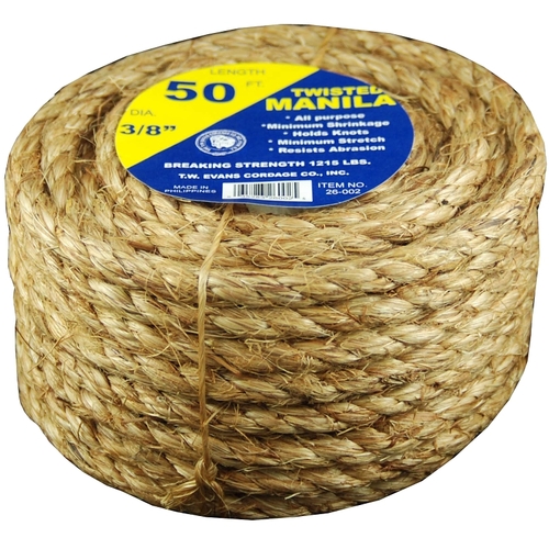 T.W. Evans Cordage 26-002 Rope, 3/8 in Dia, 50 ft L, 122 lb Working Load, Manila, Natural