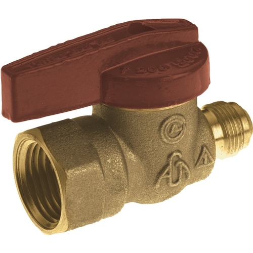 Gas Ball Valve, 9/16 x 1/2 in Connection, Flare x FPT, 200 psi Pressure, Manual Actuator, Brass Body