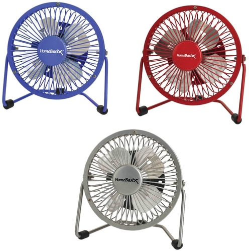 Personal Fan, 120 VAC, 4 in Dia Blade, 4-Blade, 1-Speed, 360 deg Rotating, Blue/Red/Silver