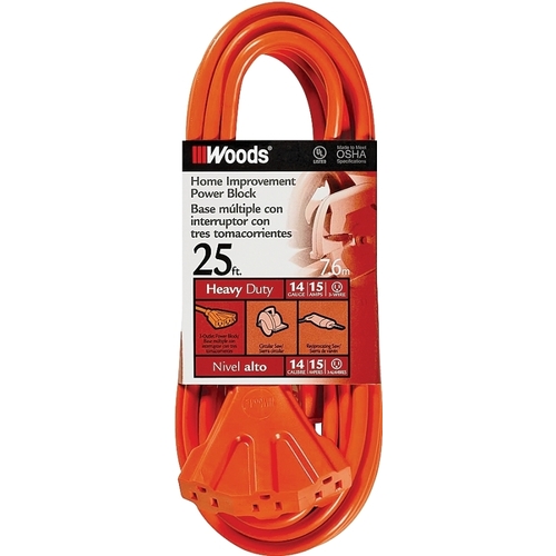 Extension Cord, 14 AWG Cable, 25 ft L, 15 A, 125 V, Orange