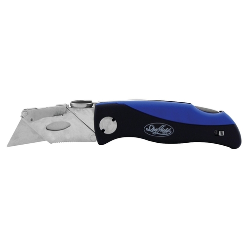 SHEFFIELD 12119 Utility Knife, 2-1/2 in L Blade, Stainless Steel Blade, Curved Handle, Blue/Green/Red/Yellow Handle