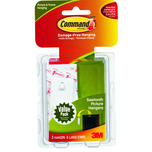 Command 17042 Picture Hanger, 5 lb, Plastic, White, 1-1/8 in Opening, Adhesive Strip Mounting - pack of 3
