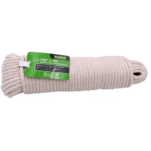 Cord, 7/32 in Dia, 100 ft L, #7, 11 lb Working Load, Cotton/Poly, Natural