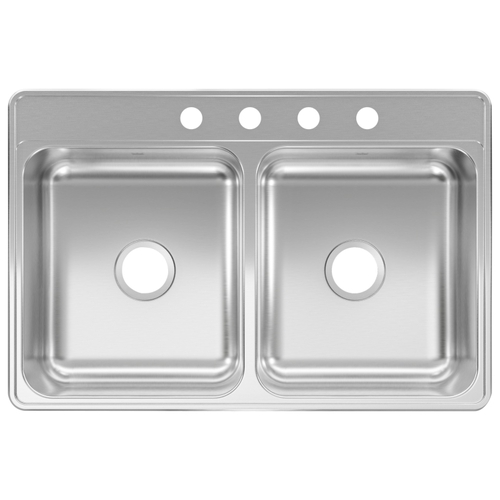 KINDRED CDLA3322-6-4N Two Bowl Kitchen Sink, 4-Faucet Hole, 33 in OAW, 22 in OAD, Stainless Steel, Top Mounting