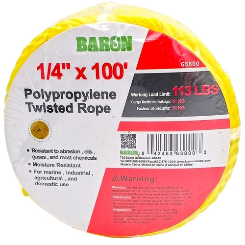 Rope, 1/4 in Dia, 100 ft L, 113 lb Working Load, Polypropylene, Yellow