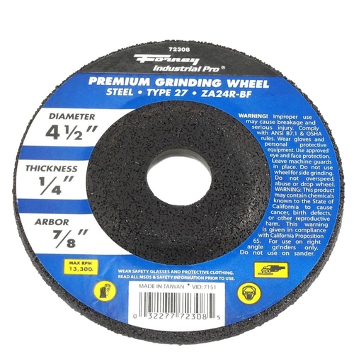 Forney 72308 Grinding Wheel, 4-1/2 in Dia, 1/4 in Thick, 7/8 in Arbor, Zirconium Abrasive