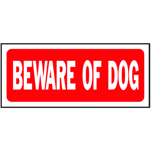 Fence Sign, Rectangular, BEWARE OF DOG, White Legend, Red Background, Plastic, 14 in W x 6 in H Dimensions - pack of 5