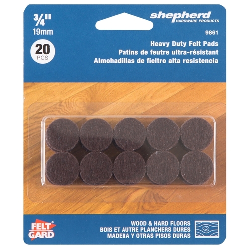 Protective Pad, Felt, Dark Brown, 3/4 in Dia, Round - pack of 20