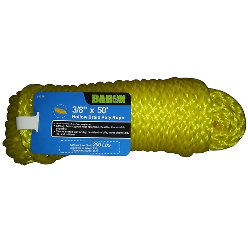 Rope, 3/8 in Dia, 50 ft L, 200 lb Working Load, Polypropylene, Yellow