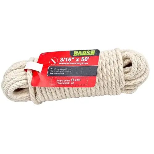 Sash Cord, 3/16 in Dia, 50 ft L, 56 lb Working Load, Cotton/Poly, White