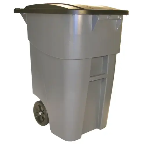 Trash Container, 50 gal Capacity, Polyethylene, Gray, Hinged Lid Closure