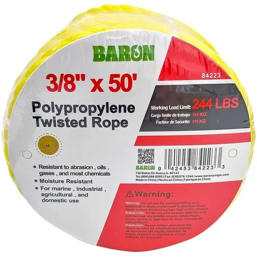 Rope, 3/8 in Dia, 50 ft L, Polypropylene, Yellow