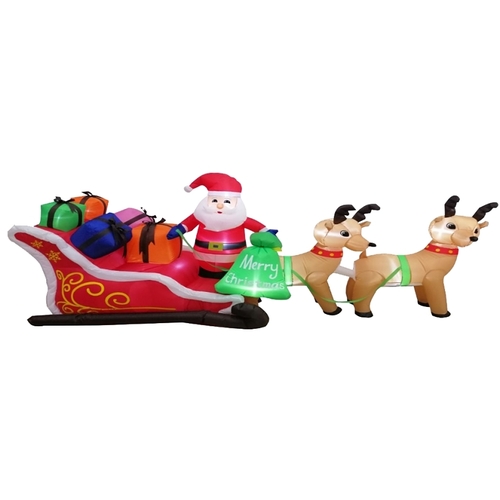 Santa Sleigh Inflatable, 5 ft H, LED White, LED Bulb, Internal Light/Music: Lights