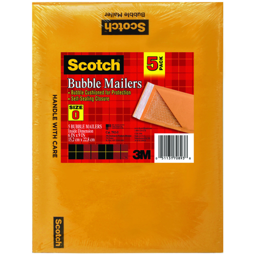 SCOTCH 7913-5 Bubble Mailer, #0, Kraft, Self-Seal Closure - pack of 5